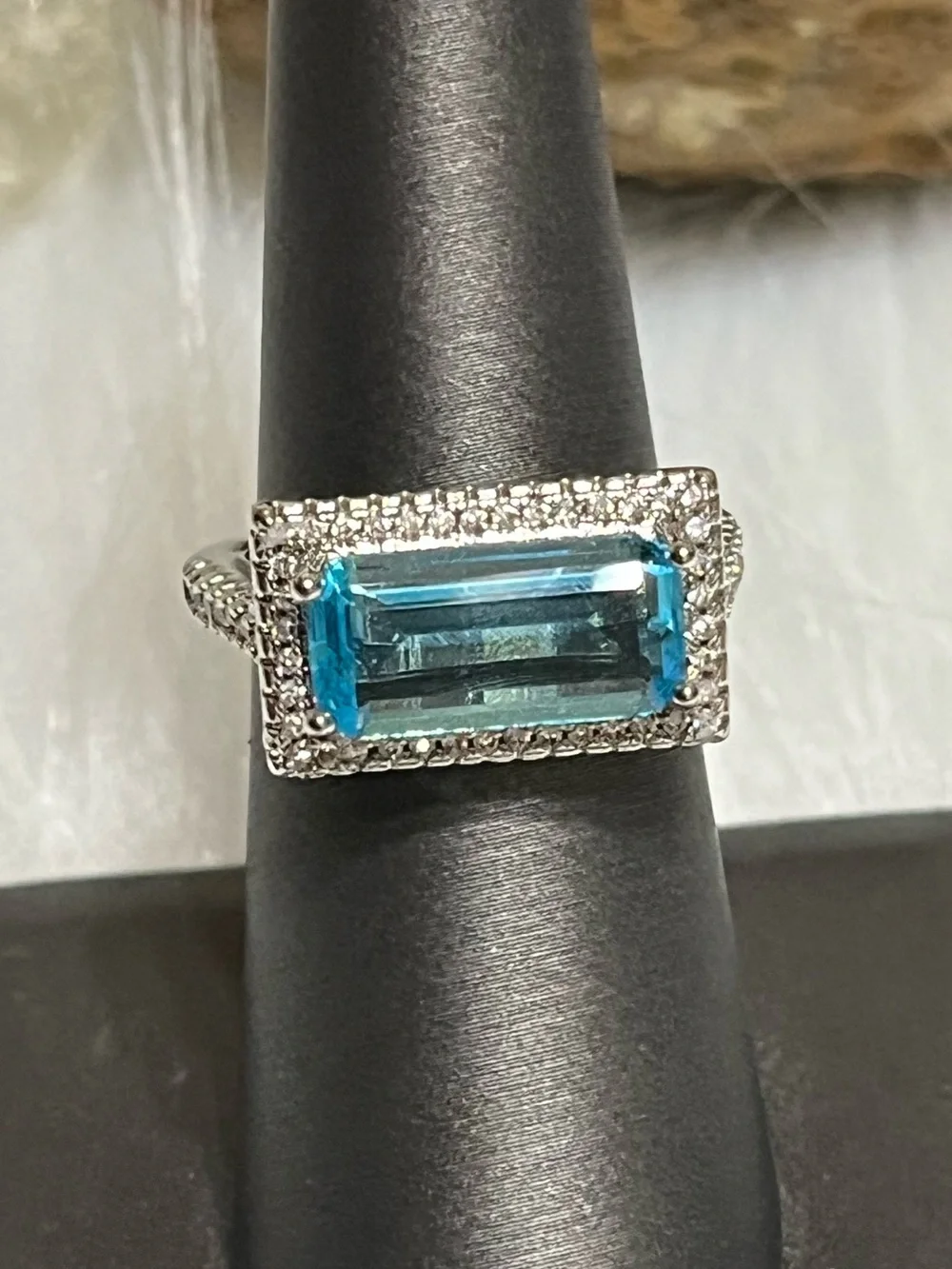 East To West Emerald Cut Aquamarine Ring